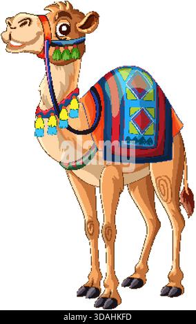 Lächelndes Comic-Kamel in lebendiger traditioneller Satteldecke, isoliert auf weißem, sauberem Vektor-Stil Stock Vektor