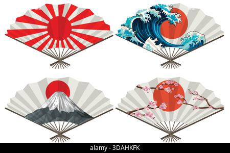 Vektor-Illustration japanischer Fans mit Sonne, Welle, Berg und Kirschblüten Designs, flacher Stil Stock Vektor