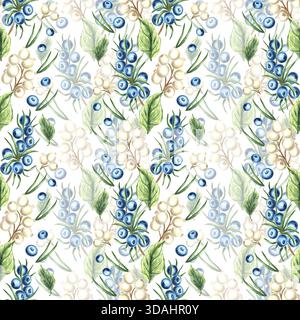 Weiße und blaue Beeren mit grünen Blättern für weihnachtliches Design. Handgezeichnete Illustration von Schneebesen und wacholderzweigen für Stockfoto