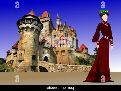 Eine elegante Frau mit langem rotem Kleid und Hut posiert vor einer mittelalterlichen Burg. Handgezeichnete Abbildung Stock Vektor