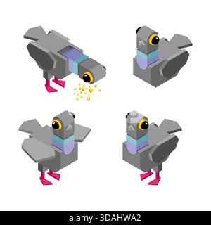 Set aus vier Tauben im Flug, in einem isometrischen Vektorstil gerendert. Modernes perspektivisches Design für Stadt- und Naturszenen. Stock Vektor