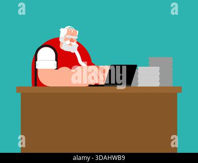 Der Weihnachtsmann arbeitete an einem Laptop an seinem Schreibtisch und konzentrierte sich auf seine Aufgaben. Moderne Feiertags-E-Commerce- und Büroarbeit Vektorkonzept. Stock Vektor