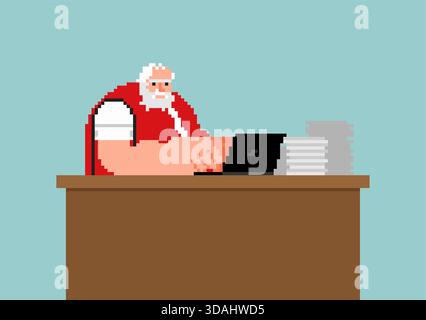 Santa Claus arbeitet an einem Laptop an seinem Schreibtisch im Retro-8-Bit-Pixel-Art-Stil. Modernes E-Commerce-Gaming-Asset für Feiertage. Stock Vektor