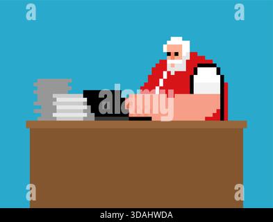 Weihnachtsmann arbeitet an einem Laptop und Monitor im Retro-8-Bit-Pixel-Art-Stil. Modernes E-Commerce-Gaming-Asset für Feiertage. Stock Vektor