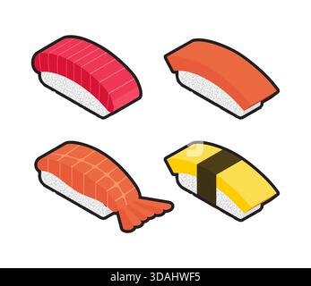 Set mit verschiedenen Nigiri-Sushi-Stücken (z. B. Oktopus, Garnelen, Lachs). Einfache Ikonensammlung für Speisen, Restaurants und asiatische Küche. Stock Vektor