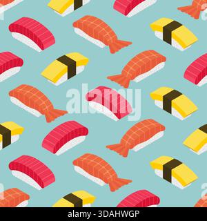 Nahtloses Muster mit verschiedenen Sushi-Arten auf blauem Hintergrund. Wiederholbare Hintergrundinformationen zu Themen wie Speisen, Restaurants und asiatische Küche. Stock Vektor