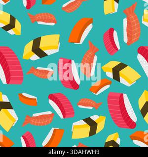 Nahtloses Vektormuster mit Nigiri-Sushi-Stücken auf einem dunkelblauen Hintergrund. Wiederholbare Hintergrundinformationen zu Themen wie Speisen, Restaurants und asiatische Küche. Stock Vektor