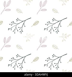 Raffiniertes Wintergartenmotiv in diagonaler Wiederholung, das Blätter, Beeren und stimmungsvolle Blumen für die Inneneinrichtung kombiniert. Nahtloses Pflanzenmuster Stock Vektor