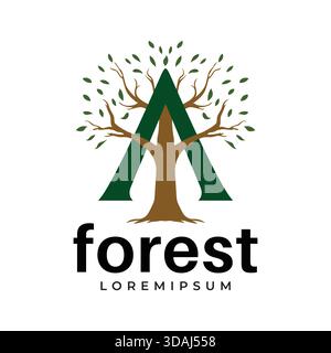 Logo, Baum, Buchstabe A, Natur, Wald, Symbol, Emblem, Design, Symbol, Marke, Identität, organisch, grün, Ökologie, Umwelt, Wachstum, Holz, Ast, Blatt, Stock Vektor