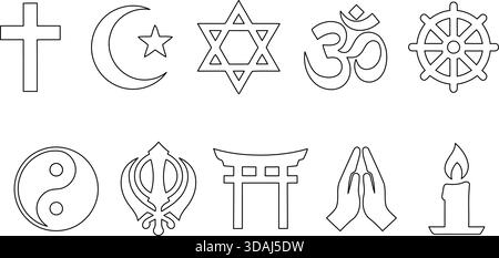 Eine Vektorgrafik, die 10 verschiedene religiöse Symbole zeigt, die globale Vielfalt und den Glauben betonen. Ideal für pädagogische oder interreligiöse Friedensbemühungen Stock Vektor