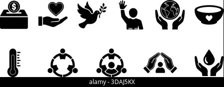 Ein Satz von 12 flachen Vektorsymbolen für Wohltätigkeit, Frieden, soziale Verantwortung und Umweltschutz. Perfekt für gemeinnütziges Design, Apps und Bildungseinrichtungen Stock Vektor