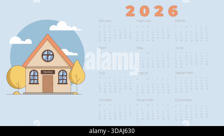 Flacher Kalender 2026 mit gemütlicher Hausabbildung, Bäumen und Wolken. Minimalistisches Design, ideal für Planer, Wandkalender oder saisonales Schreibpapier Stock Vektor