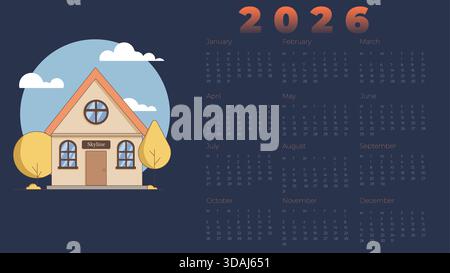 Kalender 2026 mit gemütlicher Hausabbildung, stilisierten Bäumen und weichen Wolken auf dunklem Hintergrund. Ideal für Planer, Wandkalender Stock Vektor