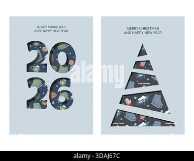 Set aus zwei Weihnachtsgrußkarten mit „Frohe Weihnachten“ und „Happy New Year“-Text. Die eine zeigt festliche 2026-Nummern, die andere einen stilisierten Baum Stock Vektor