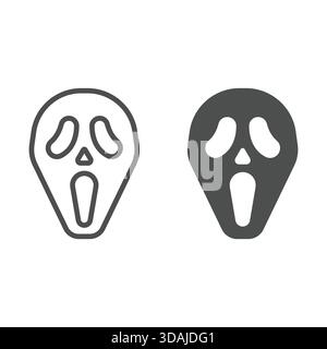 Gruselige Maskenlinie und festes Symbol, halloween-Konzept. Vektorgrafiken. Lonely man Kopfschild auf weißem Hintergrund, Umrissstilikon für Mobilgeräte oder Web-des Stock Vektor