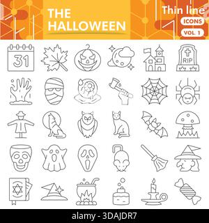 Halloween-Symbole-Sammlung oder Skizzen. Symbole für Partybars in dünnen Linien für Web und App. Vektorgrafiken isoliert auf weißem Hintergrund Stock Vektor