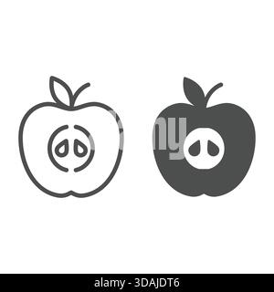 Geschnittene Apfelscheibe und festes Symbol, Konzept für frisches Obst. Vektorgrafiken. Apfel mit Blattzeichen auf weißem Hintergrund, Umrisssymbol für Mobilgeräte Stock Vektor