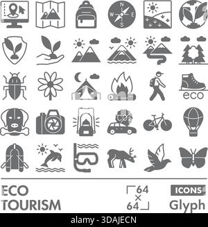 Sammlung oder Skizzen von Symbolen für den Ökotourismus. Symbole für unterwegs im Glyphen-Stil für Web und App. Vektorgrafiken isoliert auf weißem Hintergrund Stock Vektor