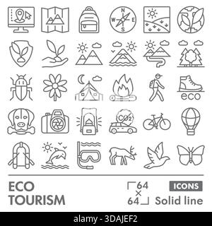 Sammlung oder Skizzen von Symbolen für den Ökotourismus. Symbole für unterwegs in linearen Schildern für Web und App. Vektorgrafiken isoliert auf weißem Hintergrund Stock Vektor