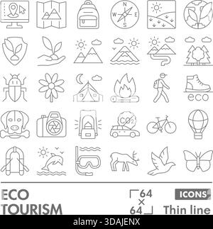 Sammlung oder Skizzen von Symbolen für den Ökotourismus. Symbole für unterwegs in dünnen Linien für Web und App. Vektorgrafiken isoliert auf weißem Hintergrund Stock Vektor