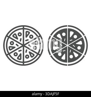 Pizzeria und solides Symbol, Bäckerei-Konzept. Vektorgrafiken. Schild für leckeres Essen in Scheiben geschnittene Pizza auf weißem Hintergrund, Umrissstilikon für Mobilgeräte oder Web-des Stock Vektor