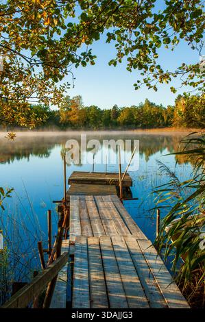 Ein Holzsteg an einem nebeligen Morgen am See Tisnaren Stockfoto