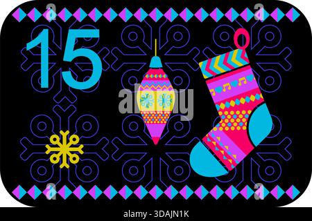 Neonfarben norwegische Adventskalender Illustration im flachen Vektor-Stil mit Feier-Symbol und ethnischer Ornament. Weihnachtsspielzeug und -Socken Stock Vektor