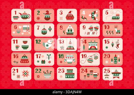 Rote, grüne und rosafarbene norwegische Adventskalender-Illustrationen im flachen Vektorstil mit Festzeichen und ethnischer Ornamentik. Stock Vektor