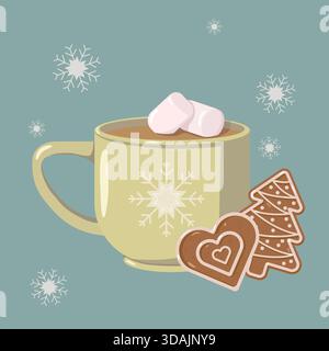 Tasse heiße Schokolade mit Marshmallows, Weihnachtskekse in Herz- und Baumform und Schneeflocken auf blauem Hintergrund. Gemütlicher Winterurlaub Stockfoto