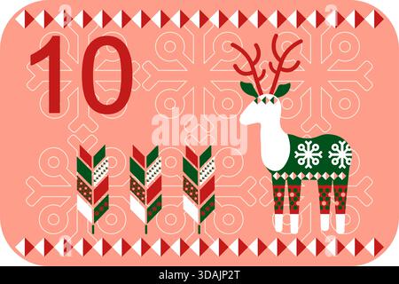 Rote, grüne und rosafarbene norwegische Adventskalender Illustration im flachen Vektor-Stil mit Feier-Symbol und ethnischer Ornament. Hirsch Stock Vektor