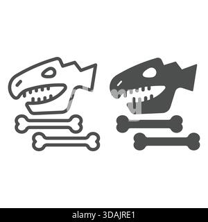 Dinosaurier-Schädel und Knochen-Linie und solide Ikone, Dinosaurier antike Geschichte Konzept. Vektorgrafiken. Dino-Kopf mit Knochenzeichen auf weißem Hintergrund, Umriss Stock Vektor