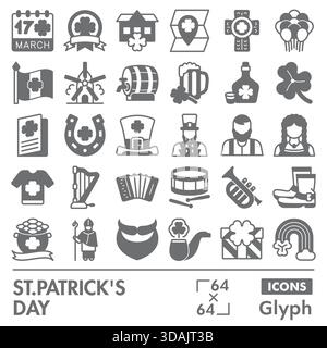 St. Patrick Day Symbole Sammlung oder Skizzen. Ikonen mit Weihnachtsmotiven im Glyphen-Stil für Web und App. Vektorgrafiken isoliert auf weiß b Stock Vektor