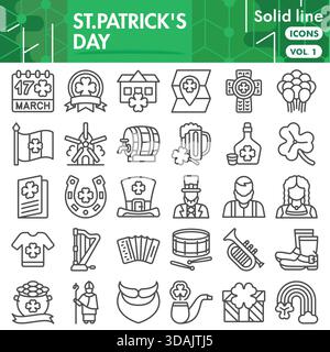 St. Patrick Day Symbole Sammlung oder Skizzen. Ikonen in der Weihnachtsbar in linearen Schildern für Web und App. Vektorgrafiken isoliert auf wh Stock Vektor