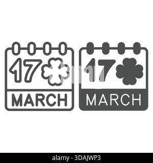 Am 17. März ist ein Kleeblatt und ein festes Symbol, das Konzept des heiligen Patrick-Tages. Vektorgrafiken. Kalenderseite Tagesschild auf weißem Hintergrund, Symbol für Umrissstil f Stock Vektor