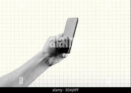 Halbtoncollage von Handheld-Handy. Person, die ein Mobiltelefon hält. Pop-Art-Bild Stockfoto