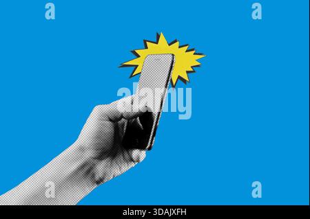 Halbtoncollage von Handheld-Handy. Person, die ein Mobiltelefon hält. Pop-Art-Bild Stockfoto
