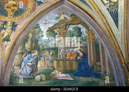Vatikanische Museen. Der Raum der Mysterien. Fresko von Pintoricchio ( 1452 - 1513 ) Geburt. Geburt. Die Anbetung der Hirten. Stockfoto