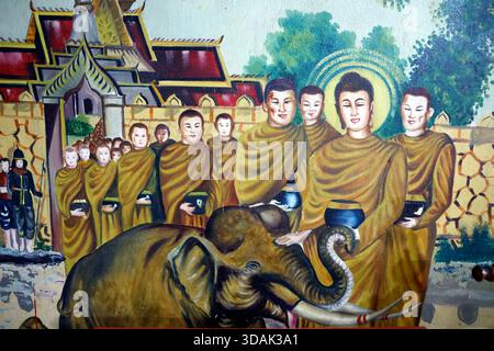 Das Leben Buddhas, Siddhartha Gautama. Einen Elefanten mit liebevoller Güte zähmen. Luang Prabang. Laos. Stockfoto