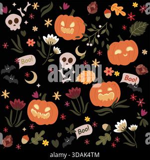 Niedliches, nahtloses Halloween-Muster mit gruseligen Elementen Stock Vektor
