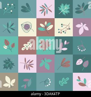 Elegantes, nordisches Herbstmosaikmuster mit Vintage-blauen Farben – nahtloses Design mit flachem Vektor Stock Vektor