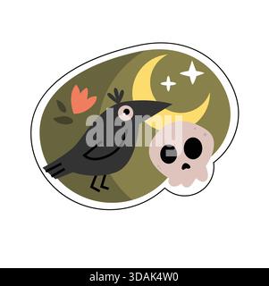 Süßer, skurriler Rabe und Schädel mit Mondsichel-Aufkleber Stock Vektor