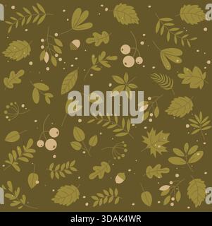 Olivgrüne, kaffeefarbene, erdige, monochromatische Blätter auf einem nahtlosen Vektormuster. Stock Vektor
