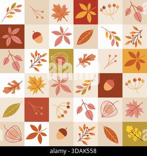 Herbstmosaik mit Kastanienblättern, Beeren, Physalis und anderen natürlichen Elementen auf einer farbenfrohen Schachbrettmontage in Rot, Braun, Beige und Gelb Stock Vektor