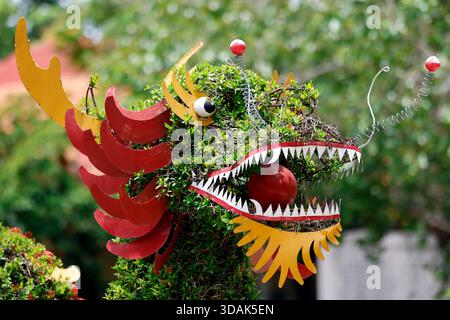 Truc Lam Chanh Giac Zen Kloster. Buchsbaumdrache am Eingang zum Tempel. Cai Lay. Vietnam. Stockfoto