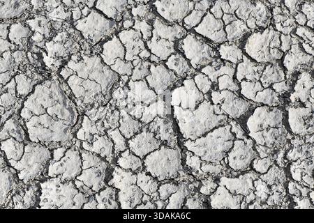Ansicht von oben nach unten auf trockene, gerissene Erdstruktur während einer Dürre, die gerösteten grauen Boden zeigt. Stockfoto