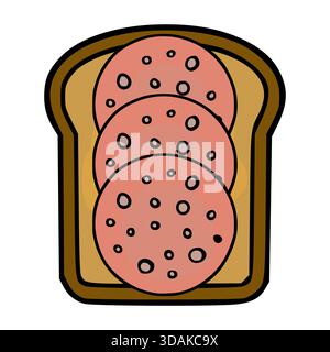 Eine einfache Vektor-Illustration einer Toastscheibe mit drei runden Scheiben rosafarbener Wurst, mit einer klaren, auffälligen Kontur und einer minimalistischen Farbe Stock Vektor