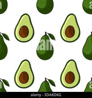 Nahtloses Vektormuster mit leuchtenden grünen Avocados, sowohl ganz als auch halbiert, mit sichtbaren braunen Stellen und subtilen strukturierten Hautdetails auf einem sauberen W Stock Vektor