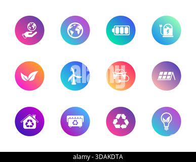 Nachhaltigkeit, Energie, Öko. Vektorsatz von 12 runden Gradienten-Symbolen mit Elektroautos, Solarpaneelen, Recycling und umweltfreundlicher Technologie, Stock Vektor