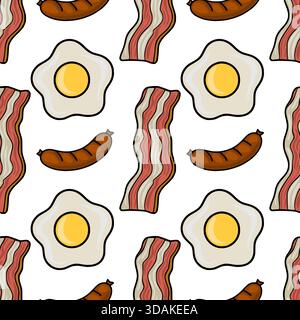 Ein wunderbares nahtloses Vektormuster zeigt eine fröhliche Frühstückskomposition aus sonnigen Eiern, knusprigen Speckstreifen und herzhaften Würstchen auf einem Stock Vektor
