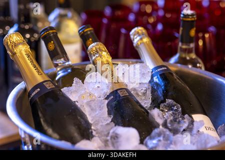 Cocktailparty in Paris, Frankreich. Sektflaschen auf Eis Stockfoto